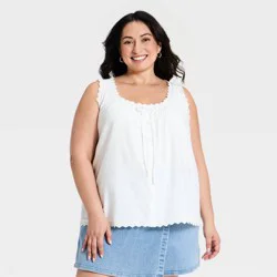 Women's Sleeveless Ruff Trim Button-Up Front Tie Woven Tank Top - Ava & Viv™ White 2X
