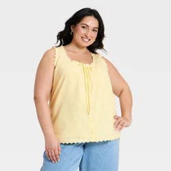 Women's Sleeveless Ruff Trim Button-Up Front Tie Woven Tank Top - Ava & Viv™ Yellow XXL
