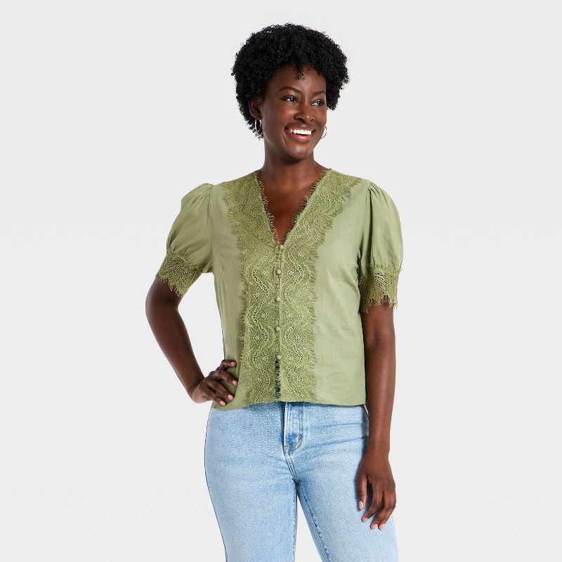 slide 1 of 3, Women's Balloon Short Sleeve Lace V-Neck Blouse - Universal Thread™ Olive Green L, 1 ct