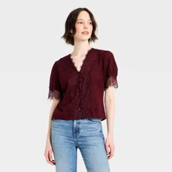 Women's Balloon Short Sleeve Lace V-Neck Blouse - Universal Thread™ Burgundy XL