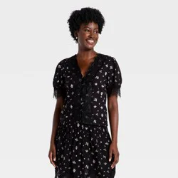 Women's Balloon Short Sleeve Lace V-Neck Blouse - Universal Thread™ Black Floral M