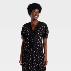 Women's Balloon Short Sleeve Lace V-Neck Blouse - Universal Thread™ Black Floral M