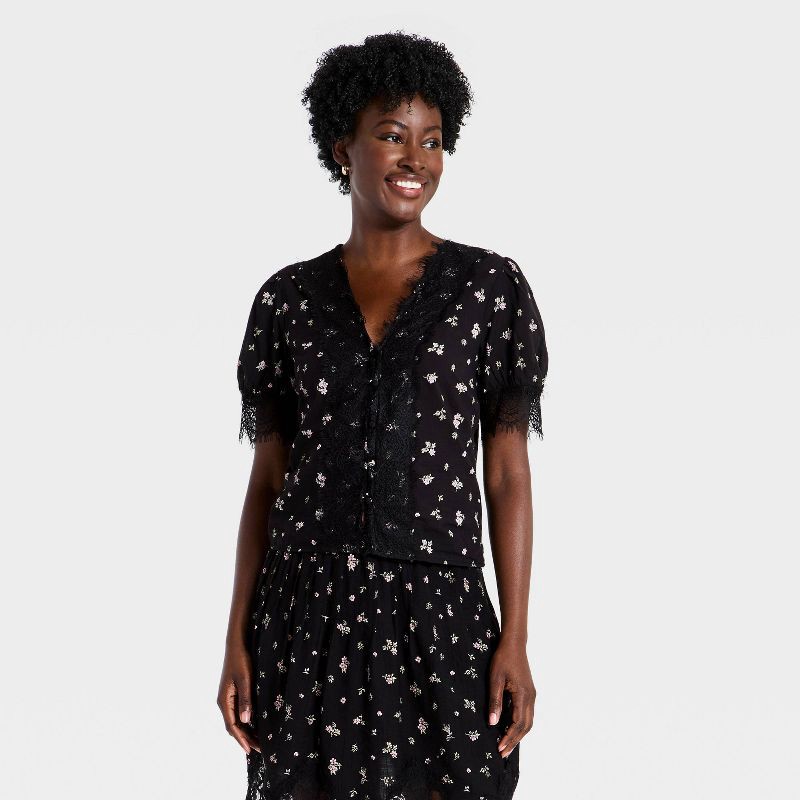 slide 1 of 3, Women's Balloon Short Sleeve Lace V-Neck Blouse - Universal Thread™ Black Floral L, 1 ct