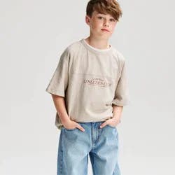 Boys' Short Sleeve 100% Cotton Seamed Oversized Slub Fit Graphic T-Shirt - Cat & Jack™ Natural Stone M