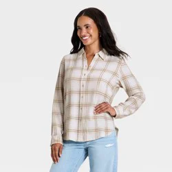 Women's Long Sleeve Collar Button-Down Shirt - Universal Thread™ Cream Plaid XS
