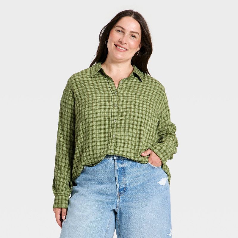 slide 1 of 3, Women's Long Sleeve Collar Button-Down Shirt - Universal Thread™ Green Plaid XXL, 1 ct