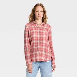 Women's Long Sleeve Collar Button-Down Shirt - Universal Thread™ Pink Plaid S