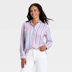 Women's Long Sleeve Linen Collared Button-Down Shirt - Universal Thread™ Multicolor Striped XS