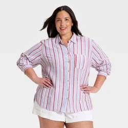 Women's Long Sleeve Linen Collared Button-Down Shirt - Universal Thread™ Multicolor Striped XXL