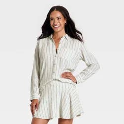Women's Long Sleeve Linen Collared Button-Down Shirt - Universal Thread™ Cream Striped M