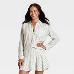 Women's Long Sleeve Linen Collared Button-Down Shirt - Universal Thread™ Cream Striped XL