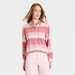 Women's Long Sleeve Linen Collared Button-Down Shirt - Universal Thread™ Pink Plaid L