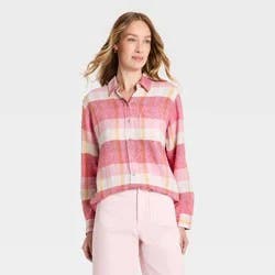Women's Long Sleeve Linen Collared Button-Down Shirt - Universal Thread™ Pink Plaid L