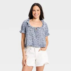 Women's Ruffle Short Sleeve Scoop Neck Blouse - Universal Thread™ Blue Floral M