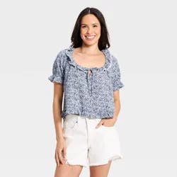 Women's Ruffle Short Sleeve Scoop Neck Blouse - Universal Thread™ Blue Floral M