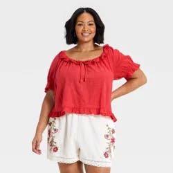 Women's Ruffle Short Sleeve Scoop Neck Blouse - Universal Thread™ Red XXL