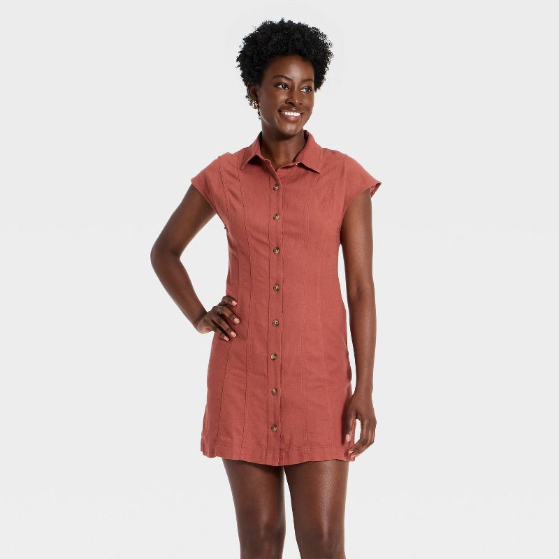 slide 1 of 3, Women's Short Sleeve Mini Shirt Dress - Universal Thread™ Rust M, 1 ct