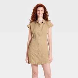 Women's Short Sleeve Mini Shirt Dress - Universal Thread™ Tan L