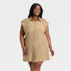 Women's Short Sleeve Mini Shirt Dress - Universal Thread™ Tan XXL