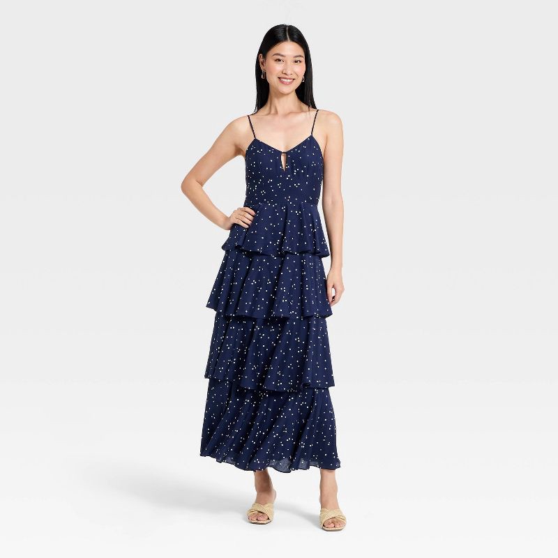 slide 1 of 3, Women's Tiered Ruffle Maxi Dress - A New Day™ Navy Blue M, 1 ct