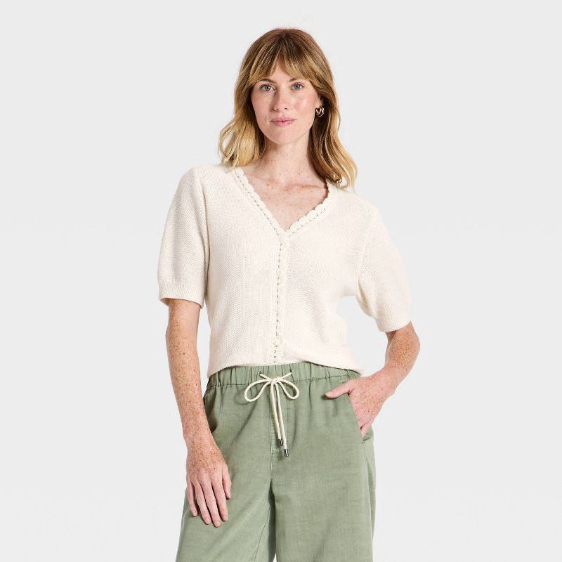 slide 1 of 3, Women's Short Sleeve Heirloom V-Neck Cardigan Sweater - Universal Thread™ Cream M, 1 ct