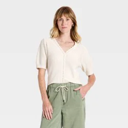 Women's Short Sleeve Heirloom V-Neck Cardigan Sweater - Universal Thread™ Cream M