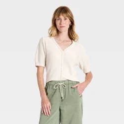 Women's Short Sleeve Heirloom V-Neck Cardigan Sweater - Universal Thread™ Cream M