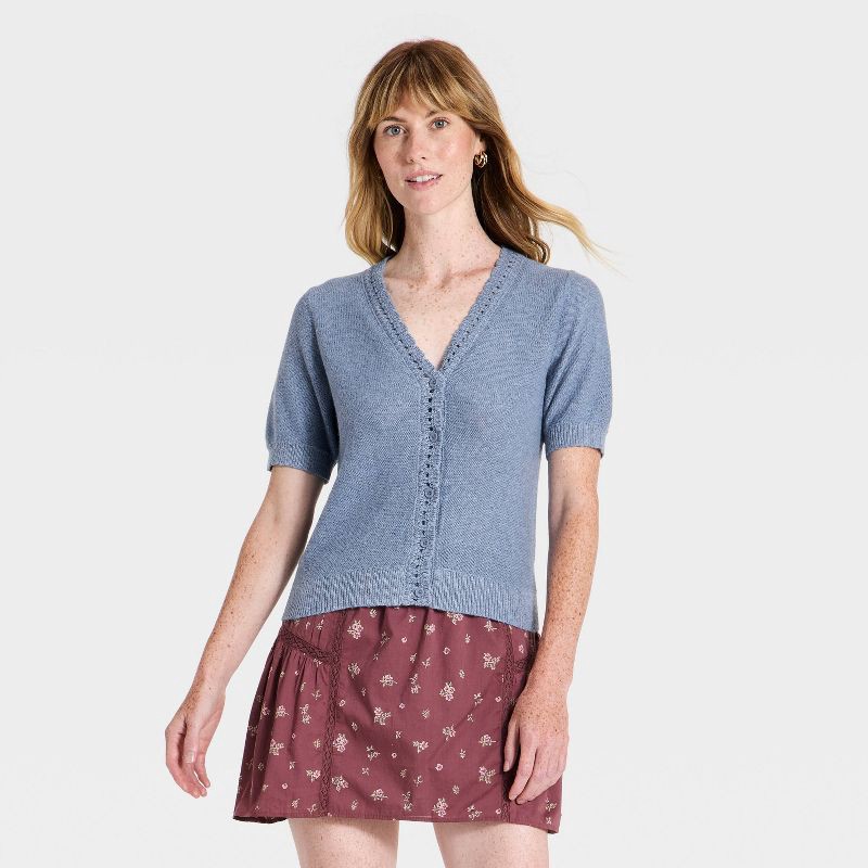 slide 1 of 3, Women's Short Sleeve Heirloom V-Neck Cardigan Sweater - Universal Thread™ Heather Blue M, 1 ct