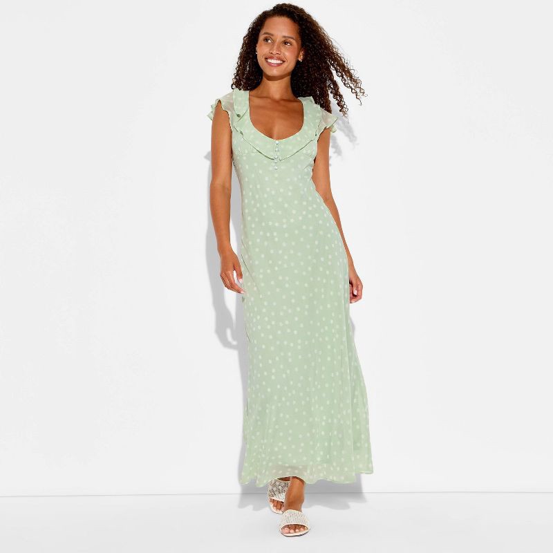 slide 1 of 3, Women's Chiffon Ruffle Maxi Dress - Wild Fable™ Light Green Polka Dots M: Cottagecore, 1 ct