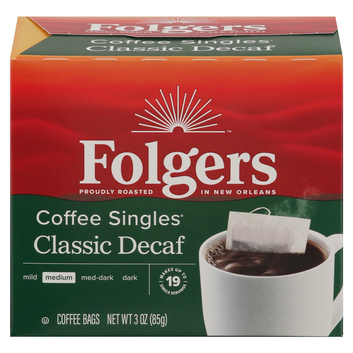 slide 1 of 6, Folgers Coffee Singles Bags Medium Classic Decaf Coffee - 19 ct, 19 ct