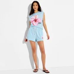 Grayson Threads Women's Hibiscus Flower French Terry Graphic Pull-On Shorts - Light Aqua Blue L