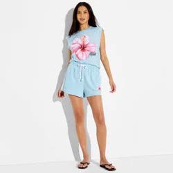 Grayson Threads Women's Hibiscus Flower French Terry Graphic Pull-On Shorts - Light Aqua Blue XXL