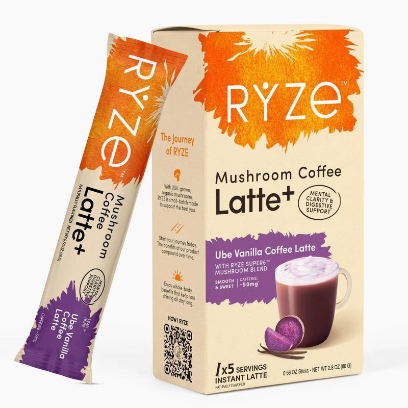 slide 1 of 5, RYZE Ube Latte Mushroom Instant Coffee - 5ct, 5 ct