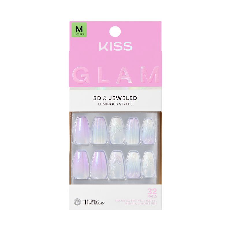 slide 1 of 11, KISS Products Kiss Glam Jeweled Press-On Fake Nails - Medium Coffin - Aqua Aura - 35ct, 35 ct
