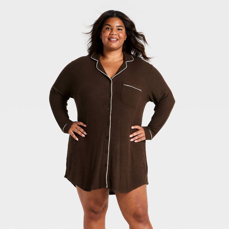 slide 1 of 3, Women's Cozy Ribbed Notch Collar Pajama Gown - Auden™ Brown M, 1 ct