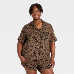 Women's Cloud Knit Modal Short Sleeve Notch Collar Top and Shorts Pajama Set - Auden™ Leopard Printed XXL