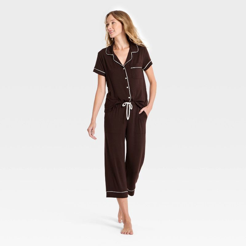 slide 1 of 3, Women's Cloud Knit Short Sleeve Notch Collar Top and Cropped Pants Pajama Set - Auden™ Brown L, 1 ct