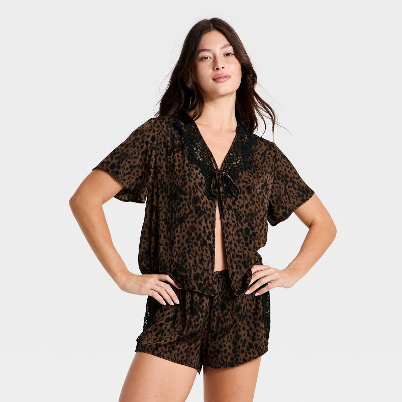 slide 1 of 3, Women's Lace Trim Satin Fly Away Top and Shorts Pajama Set - Auden™ Brown M, 1 ct
