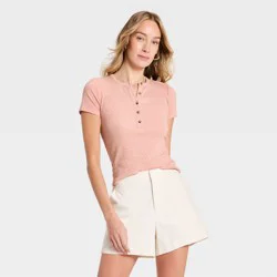 Women's Short Sleeve Split Neck Henley Shirt - Universal Thread™ Pink M