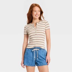 Women's Short Sleeve Split Neck Henley Shirt - Universal Thread™ Multicolor Striped S