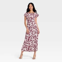 Women's Puff Short Sleeve Floral Maxi Dress - A New Day™ Burgundy L