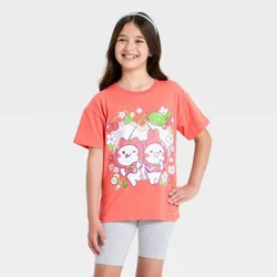Girls' Mimi & Neko Flowers and Fruits Short Sleeve Graphic T-Shirt - Pink L
