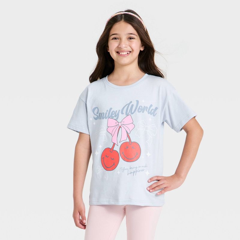 slide 1 of 4, Girls' SmileyWorld Cherry Short Sleeve Graphic T-Shirt - Blue XL, 1 ct