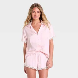 Women's Lace Trim Satin Short Sleeve Notch Collar Shirt and Shorts Pajama Set - Wild Fable™ Pink XS