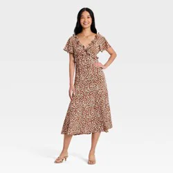 Women's Short Flutter Sleeve V-Neck Midi Dress - A New Day™ Brown S