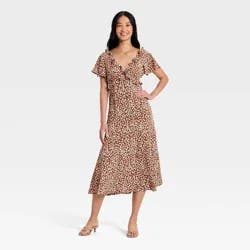 Women's Short Flutter Sleeve V-Neck Midi Dress - A New Day™ Brown S