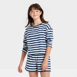 Girls' Boatneck Striped Long Sleeve Top - art class™ Navy Blue/White L