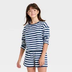 Girls' Boatneck Striped Long Sleeve Top - art class™ Navy Blue/White L