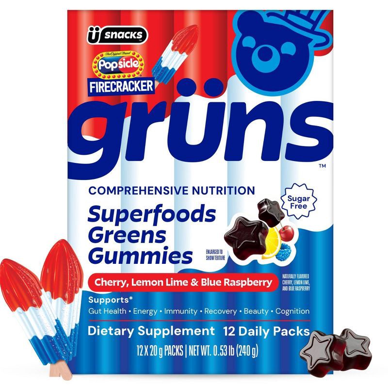 slide 1 of 12, Gruns Grüns Limited Time Flavor Firecracker Sugar-Free Adult Greens and Superfoods Gummies - 240g/12 Servings, 240 gram, 12 servings