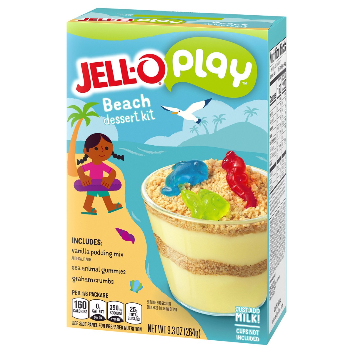 slide 13 of 14, Jell-O Play Beach Dessert Kit with Vanilla Pudding Mix, Sea Animal Gummies & Graham Crumbs, 9.3 oz Box, 9.3 oz